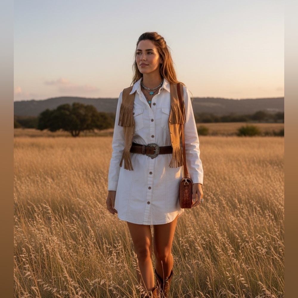 NWOT Frye Off White Button-Up Denim Dress Side Pockets Copper Button Size Large